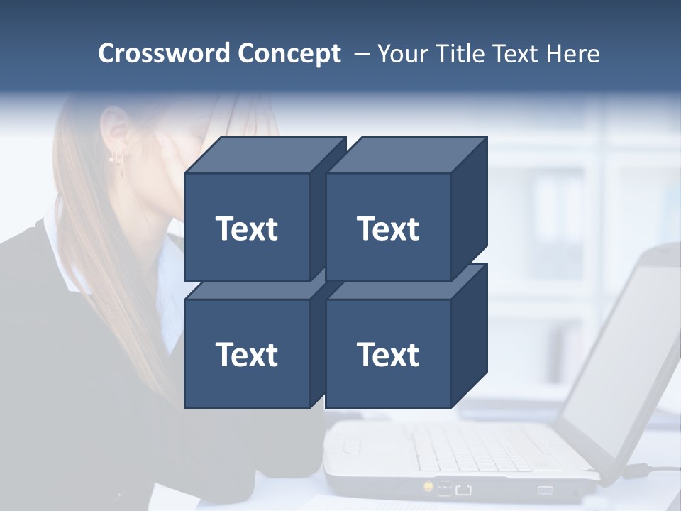A Woman Sitting At A Desk Covering Her Face With Her Hands PowerPoint Template