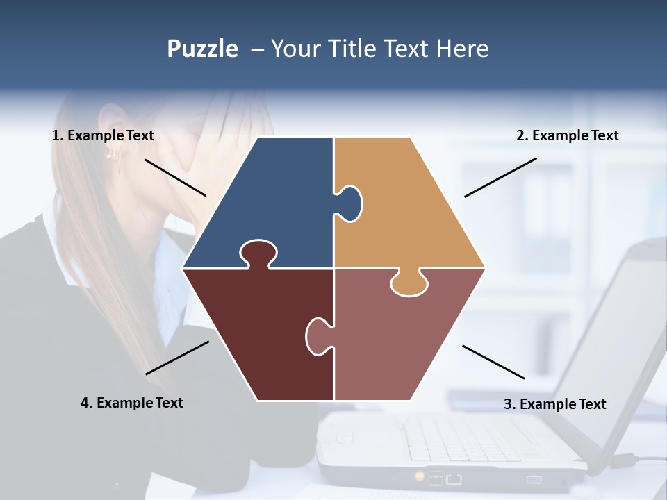 A Woman Sitting At A Desk Covering Her Face With Her Hands PowerPoint Template