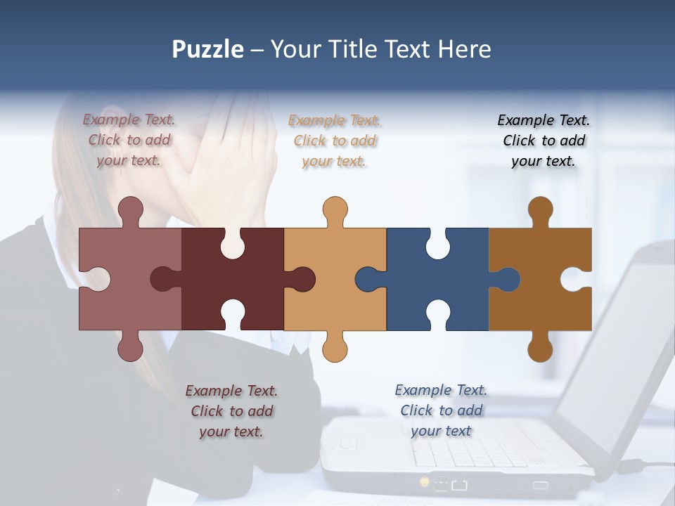A Woman Sitting At A Desk Covering Her Face With Her Hands PowerPoint Template