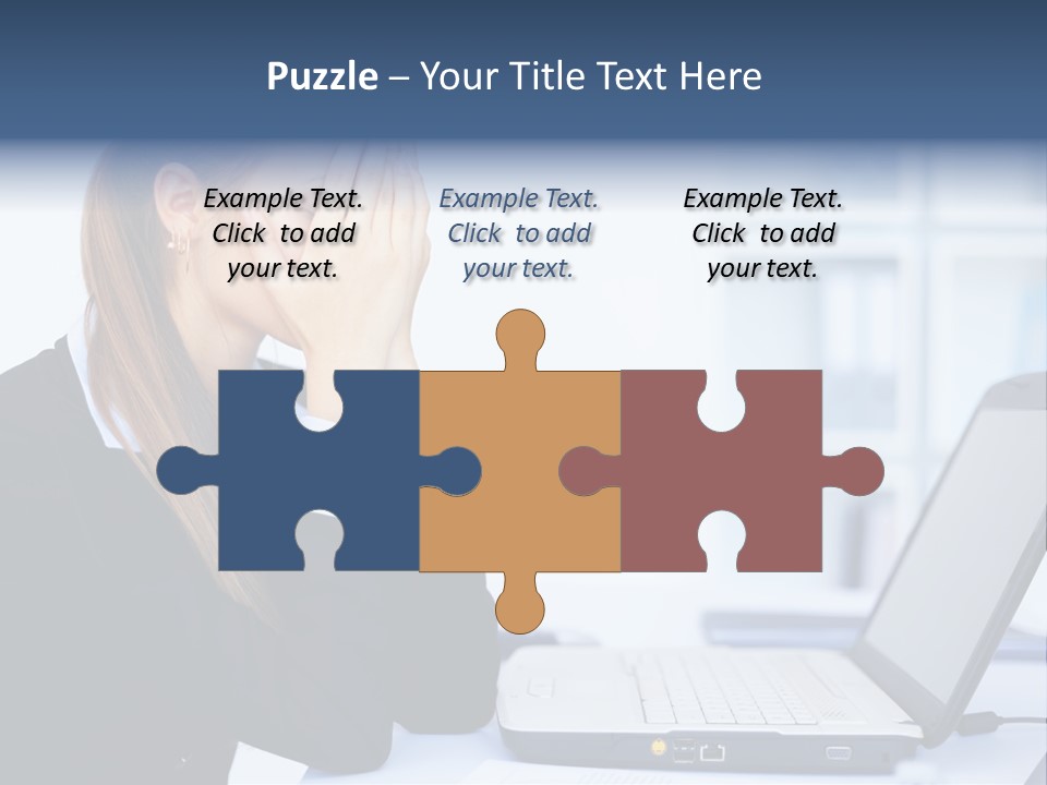 A Woman Sitting At A Desk Covering Her Face With Her Hands PowerPoint Template