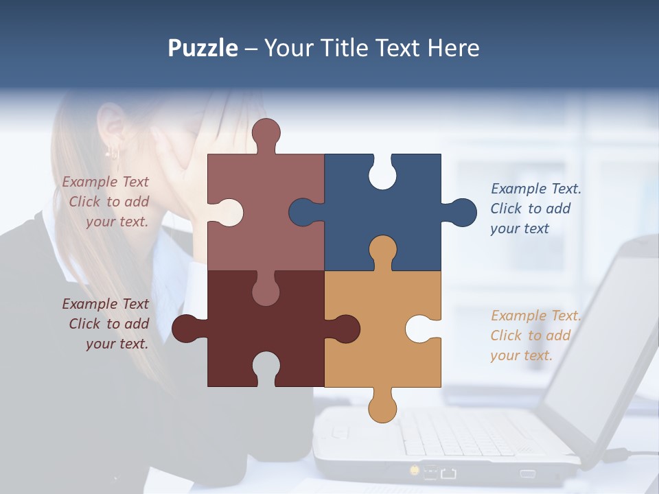 A Woman Sitting At A Desk Covering Her Face With Her Hands PowerPoint Template