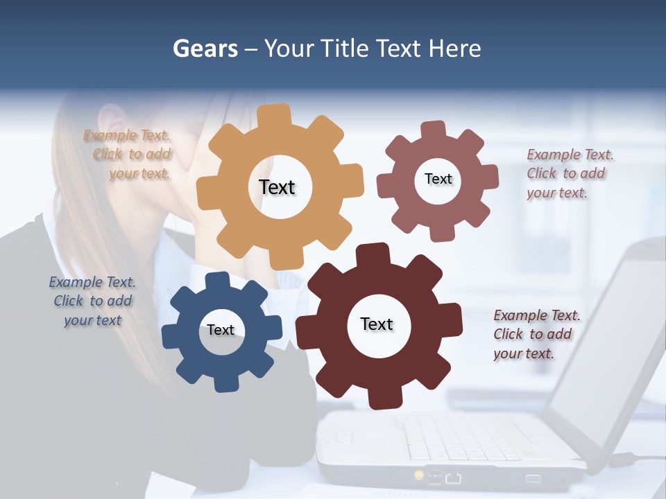A Woman Sitting At A Desk Covering Her Face With Her Hands PowerPoint Template