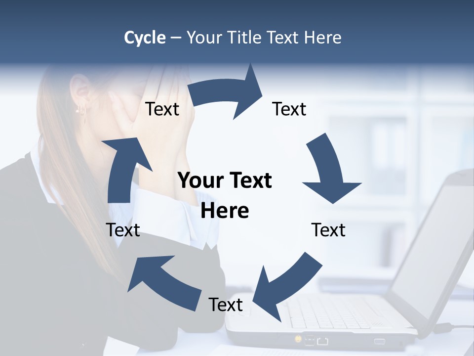 A Woman Sitting At A Desk Covering Her Face With Her Hands PowerPoint Template