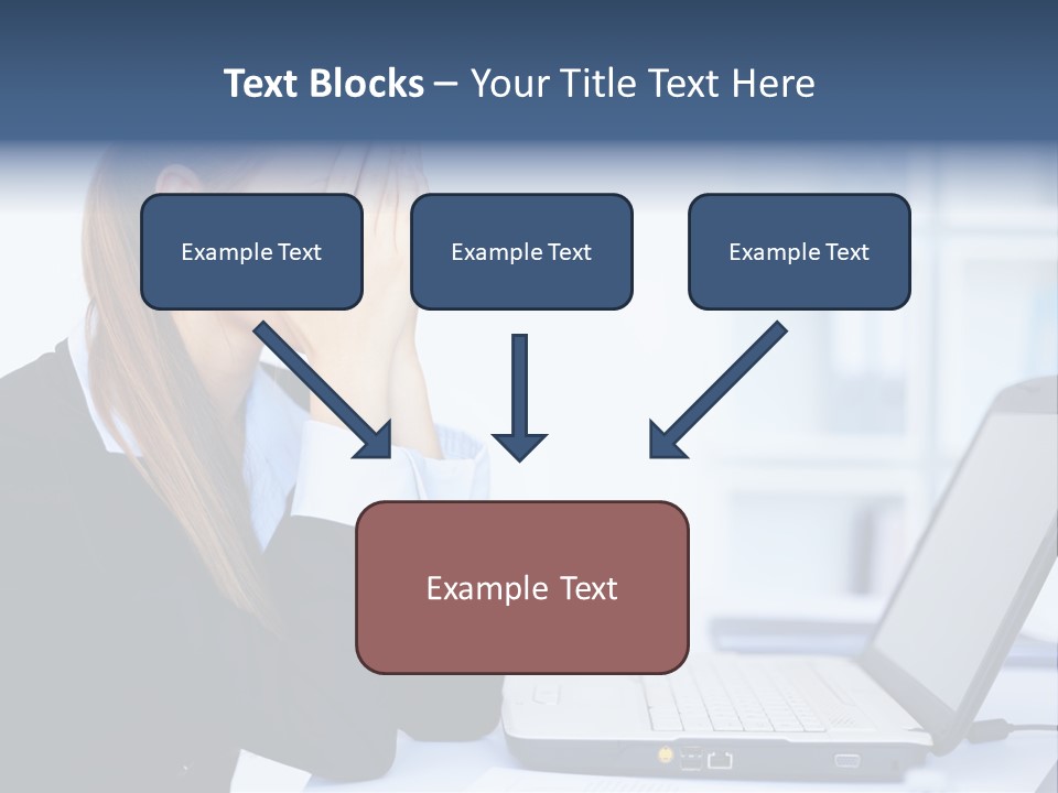 A Woman Sitting At A Desk Covering Her Face With Her Hands PowerPoint Template