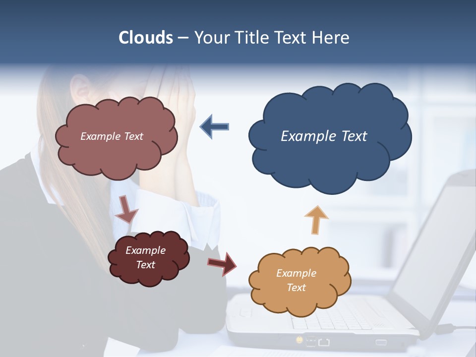 A Woman Sitting At A Desk Covering Her Face With Her Hands PowerPoint Template