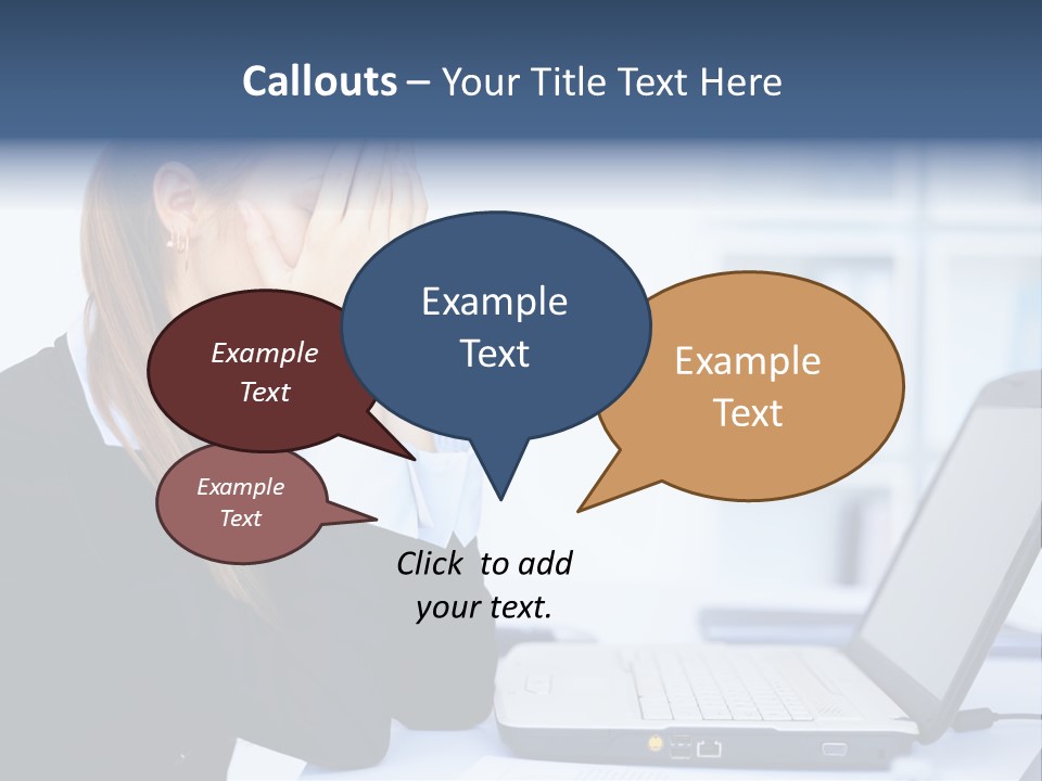 A Woman Sitting At A Desk Covering Her Face With Her Hands PowerPoint Template