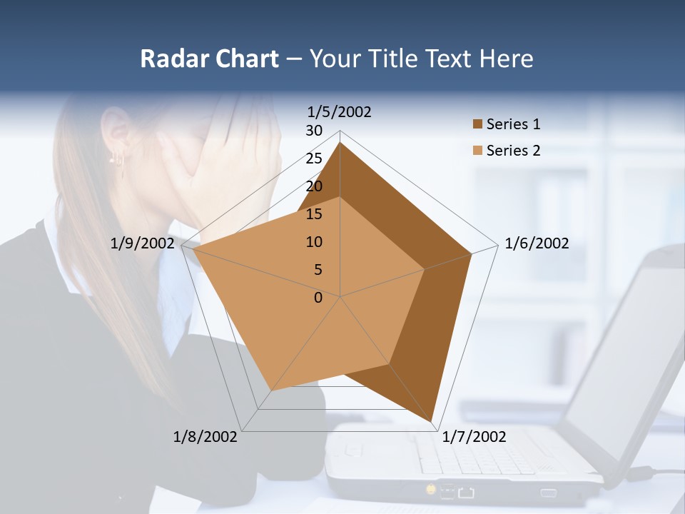A Woman Sitting At A Desk Covering Her Face With Her Hands PowerPoint Template