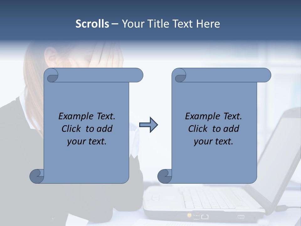 A Woman Sitting At A Desk Covering Her Face With Her Hands PowerPoint Template