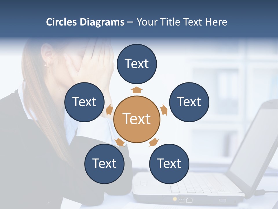 A Woman Sitting At A Desk Covering Her Face With Her Hands PowerPoint Template