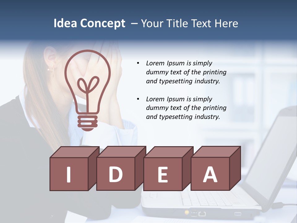 A Woman Sitting At A Desk Covering Her Face With Her Hands PowerPoint Template