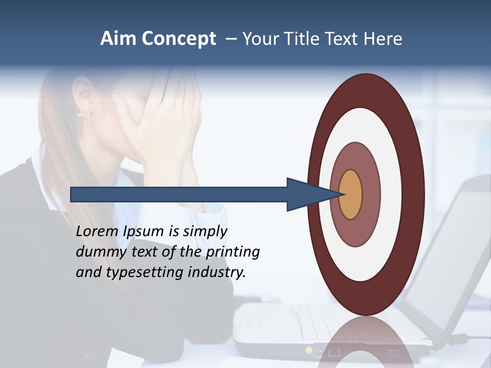 A Woman Sitting At A Desk Covering Her Face With Her Hands PowerPoint Template