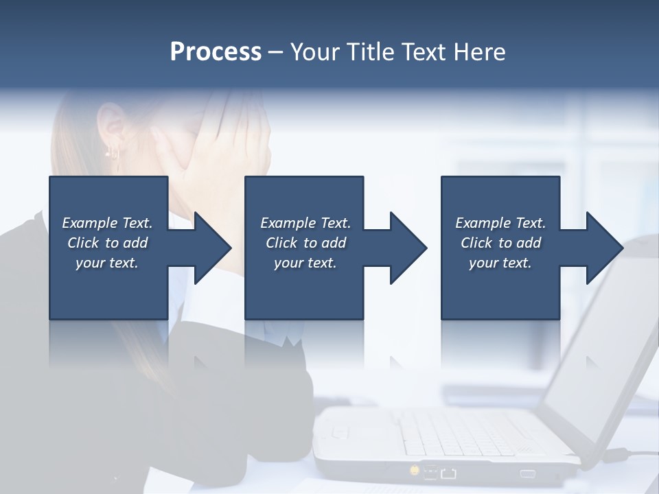 A Woman Sitting At A Desk Covering Her Face With Her Hands PowerPoint Template