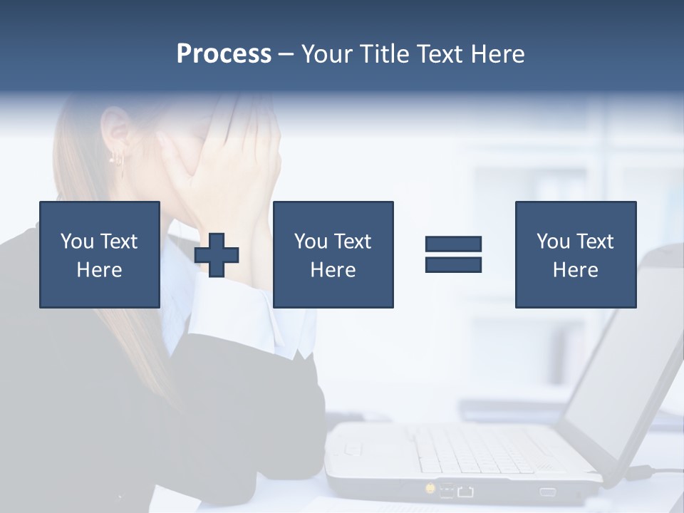 A Woman Sitting At A Desk Covering Her Face With Her Hands PowerPoint Template