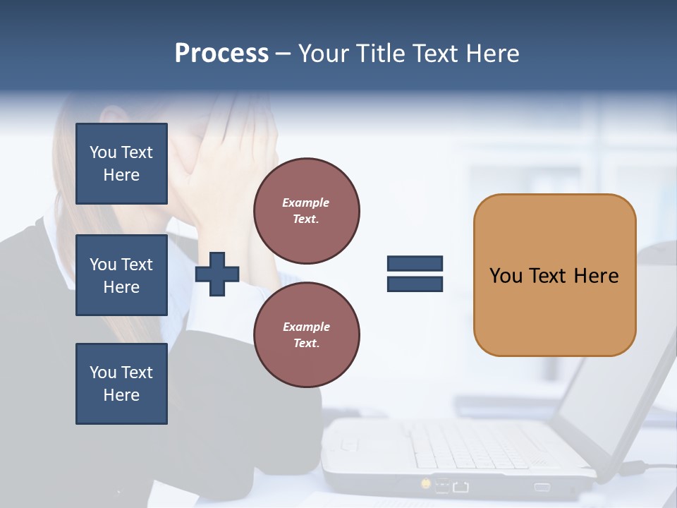 A Woman Sitting At A Desk Covering Her Face With Her Hands PowerPoint Template