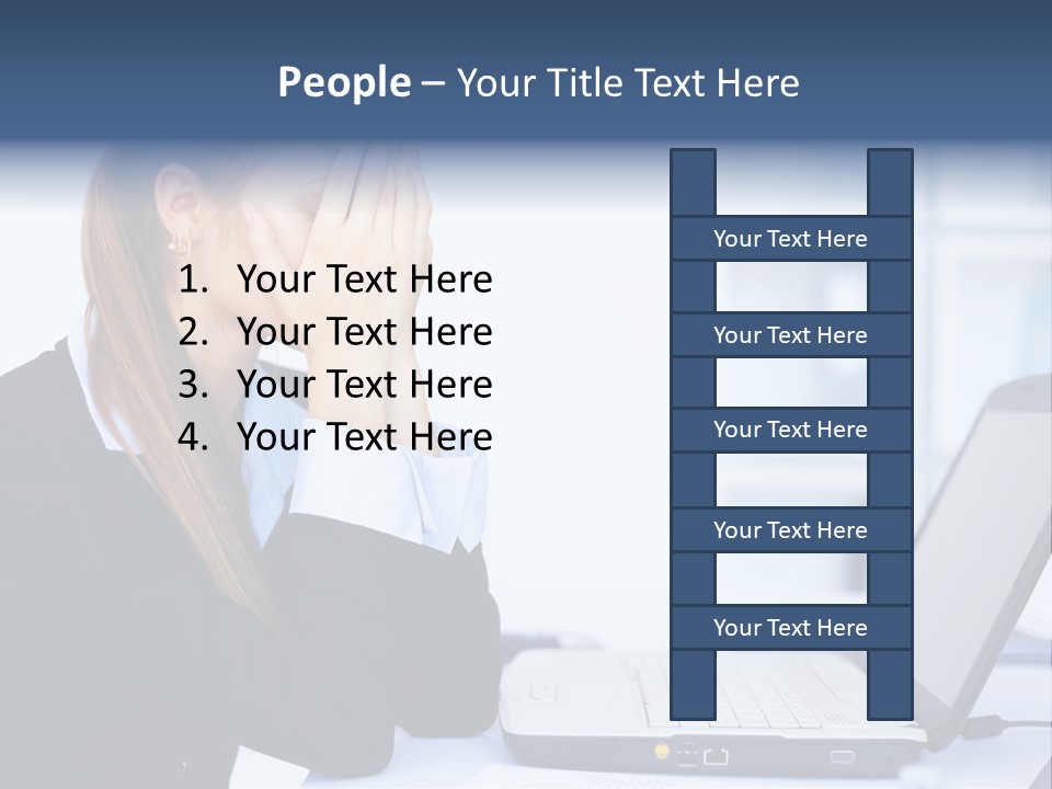 A Woman Sitting At A Desk Covering Her Face With Her Hands PowerPoint Template
