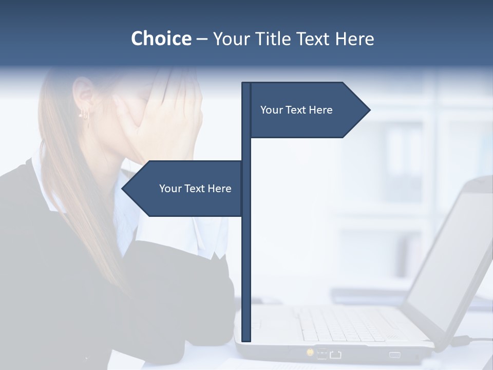 A Woman Sitting At A Desk Covering Her Face With Her Hands PowerPoint Template