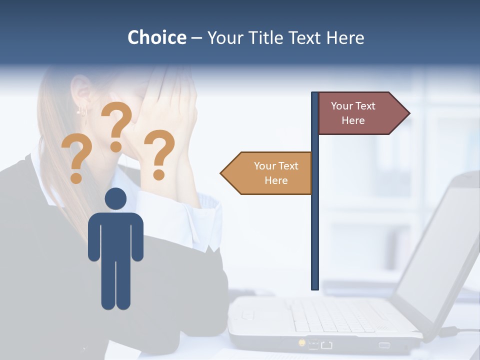 A Woman Sitting At A Desk Covering Her Face With Her Hands PowerPoint Template