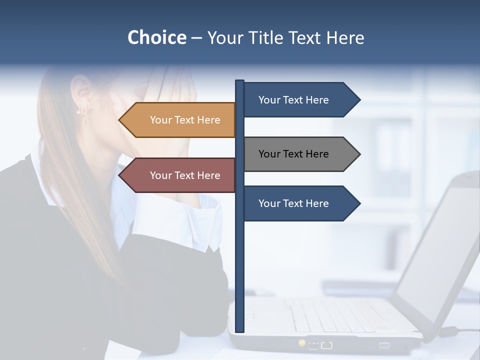 A Woman Sitting At A Desk Covering Her Face With Her Hands PowerPoint Template