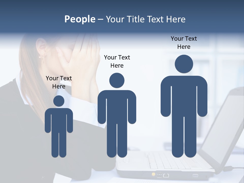 A Woman Sitting At A Desk Covering Her Face With Her Hands PowerPoint Template