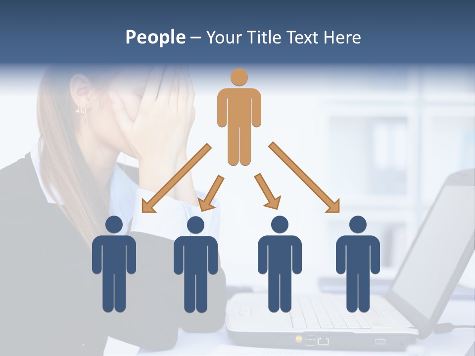 A Woman Sitting At A Desk Covering Her Face With Her Hands PowerPoint Template