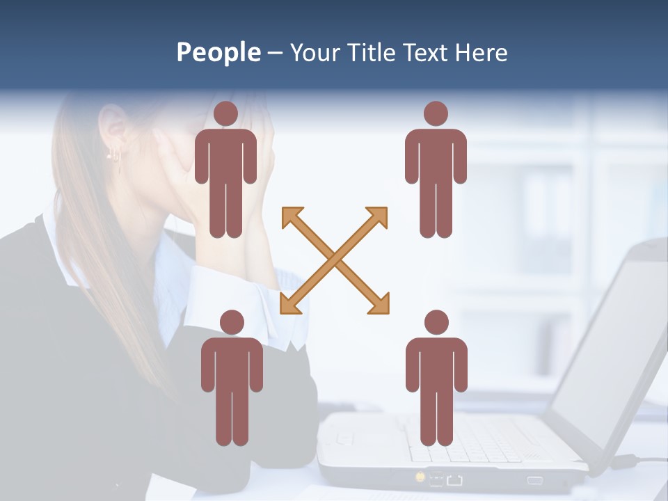 A Woman Sitting At A Desk Covering Her Face With Her Hands PowerPoint Template