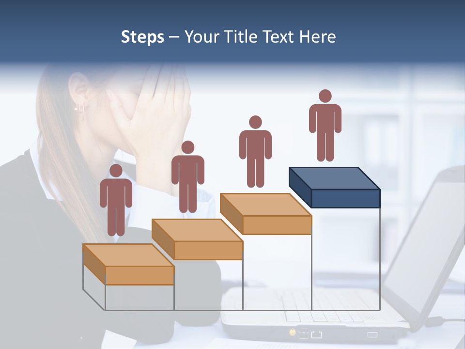 A Woman Sitting At A Desk Covering Her Face With Her Hands PowerPoint Template