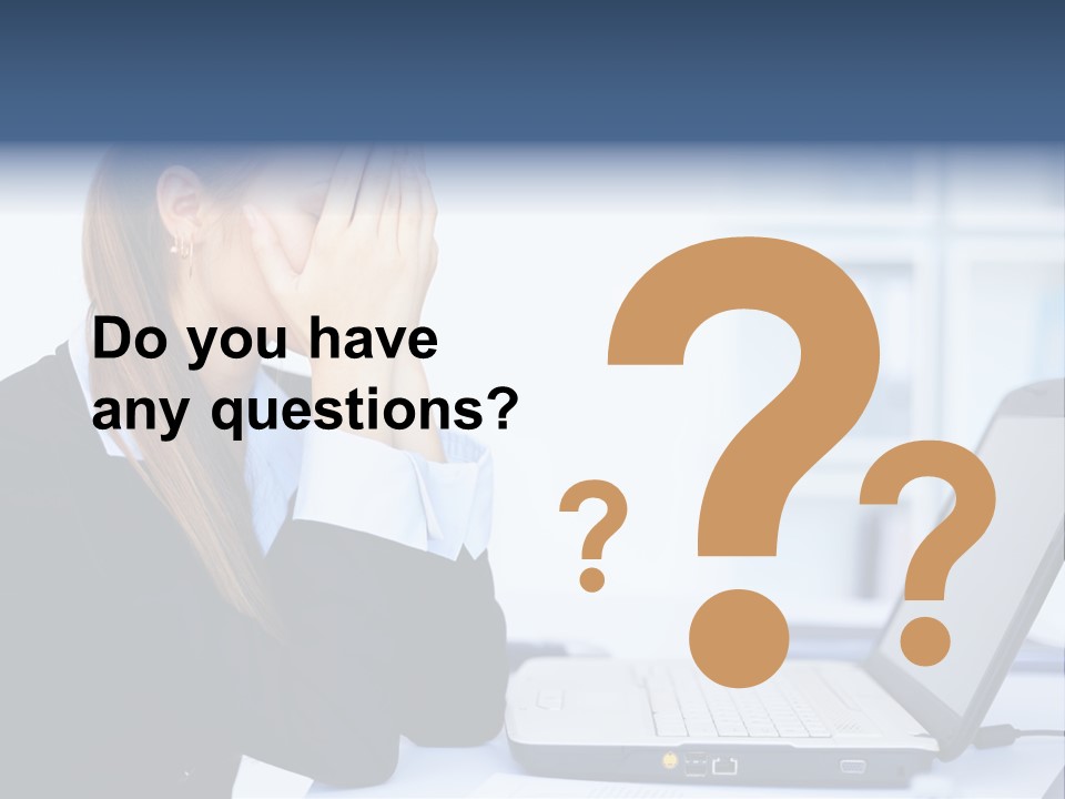 A Woman Sitting At A Desk Covering Her Face With Her Hands PowerPoint Template