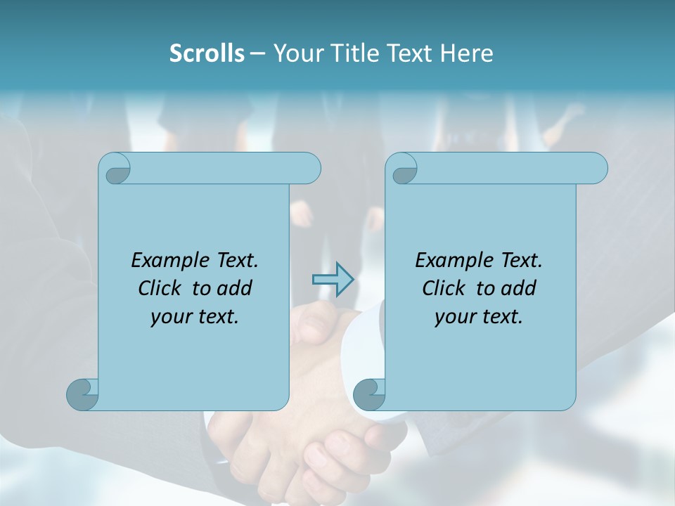 Two Men Shaking Hands In Front Of A Group Of People PowerPoint Template