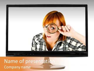 A Woman Looking Through A Magnifying Glass PowerPoint Template