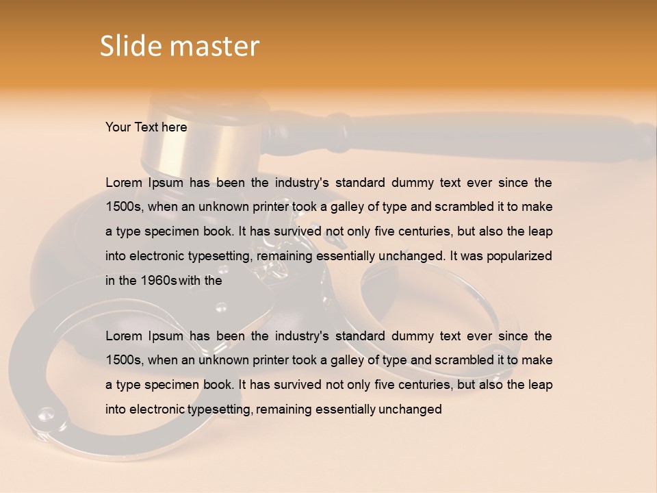 A Judge's Hammer And Handcuffs On Top Of A Table PowerPoint Template