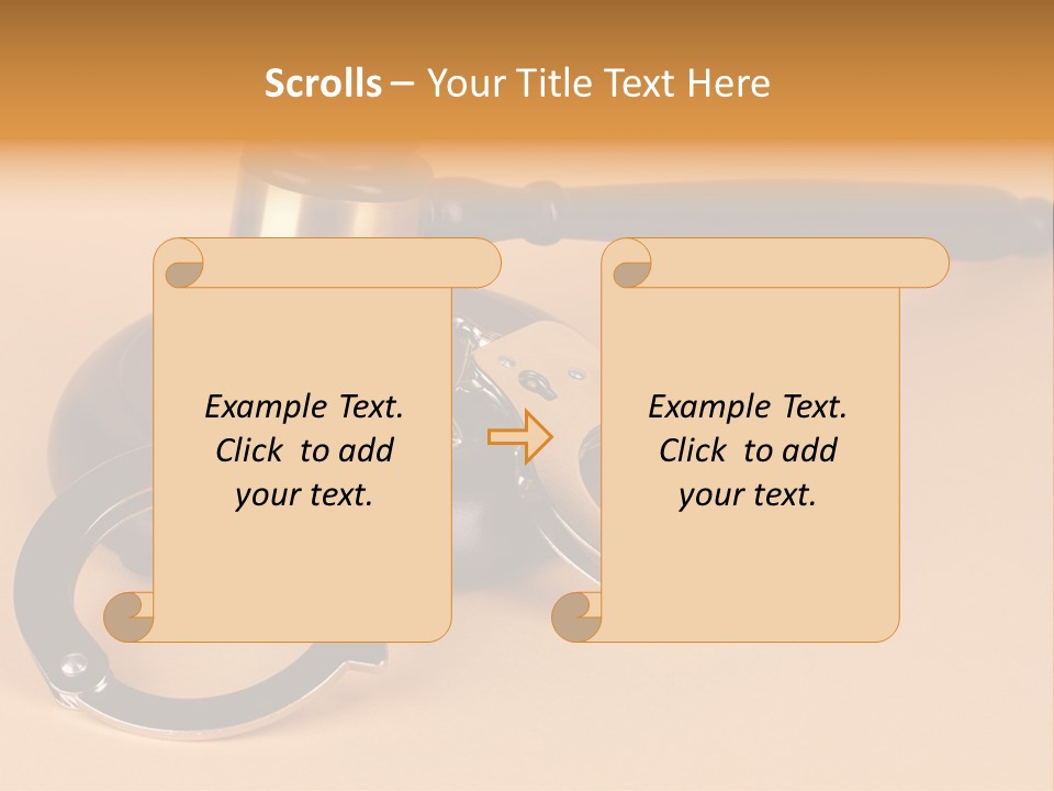 A Judge's Hammer And Handcuffs On Top Of A Table PowerPoint Template