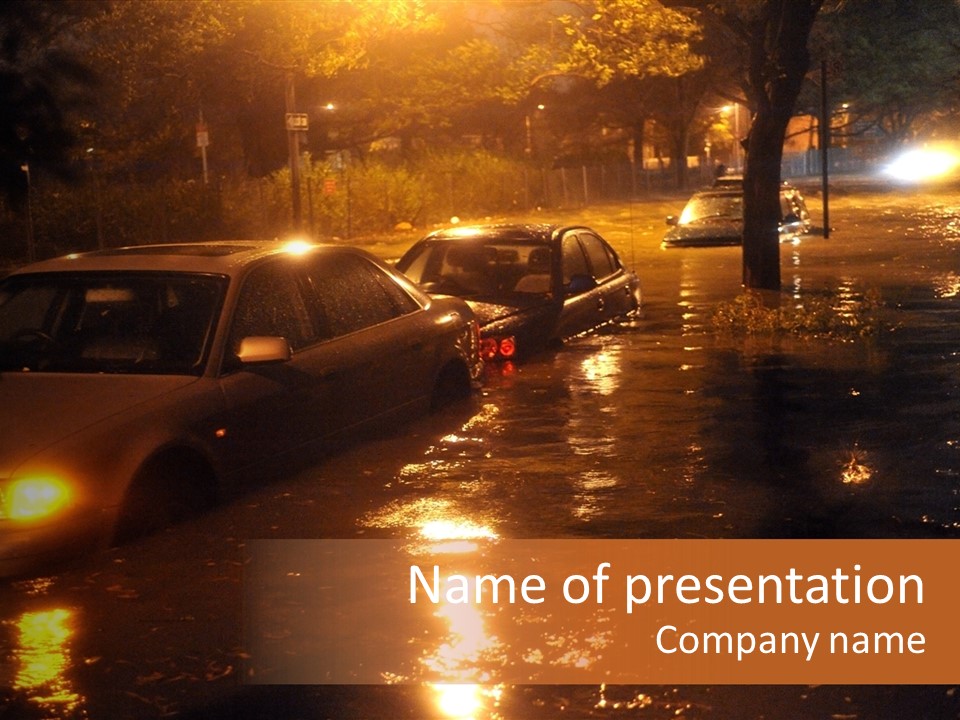 Cars Parked On A Flooded Street At Night PowerPoint Template