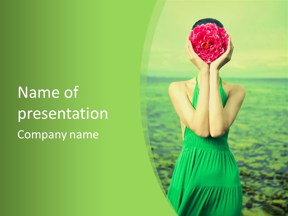 A Woman In A Green Dress Holding A Pink Flower PowerPoint Template