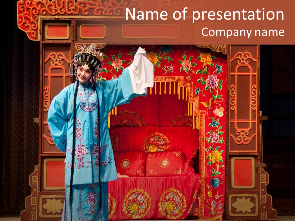 A Woman In A Chinese Costume Standing In Front Of A Stage PowerPoint Template