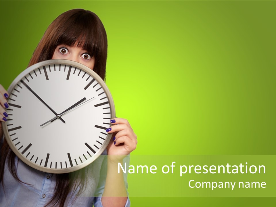 A Woman Holding A Large Clock Over Her Face PowerPoint Template