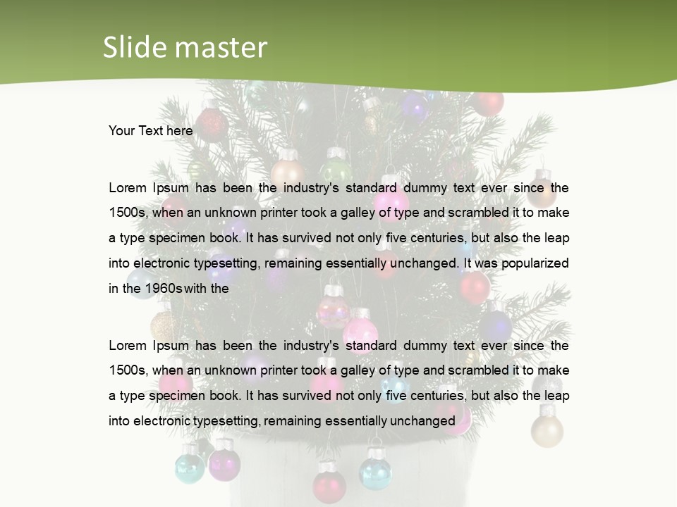 A Small Christmas Tree In A Pot With Ornaments On It PowerPoint Template