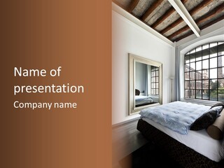A Bedroom With A Bed And A Window PowerPoint Template