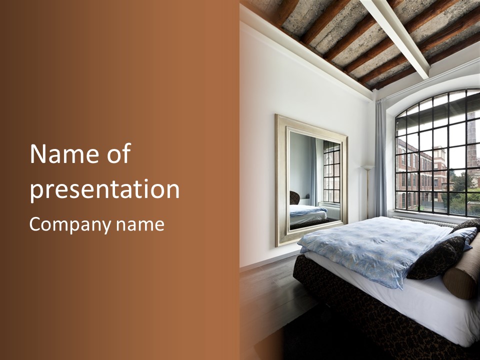 A Bedroom With A Bed And A Window PowerPoint Template