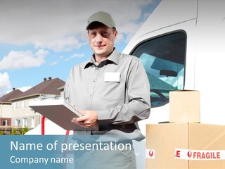 A Man Standing Next To A Truck Holding A Clipboard PowerPoint Template