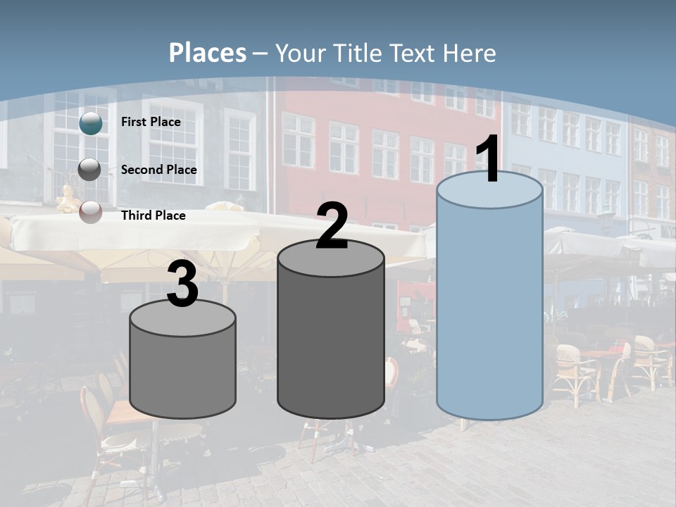 A Row Of Tables And Chairs With Umbrellas Over Them PowerPoint Template