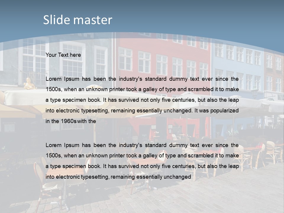 A Row Of Tables And Chairs With Umbrellas Over Them PowerPoint Template