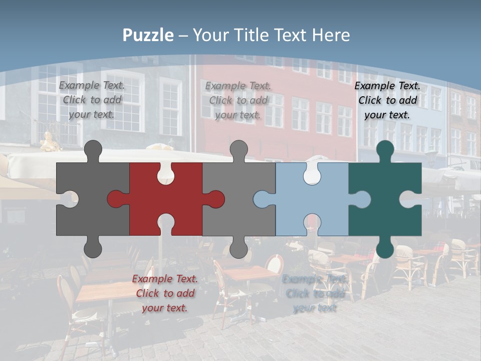 A Row Of Tables And Chairs With Umbrellas Over Them PowerPoint Template