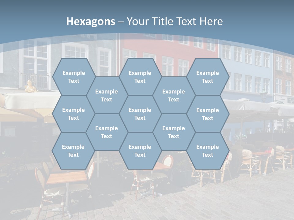A Row Of Tables And Chairs With Umbrellas Over Them PowerPoint Template