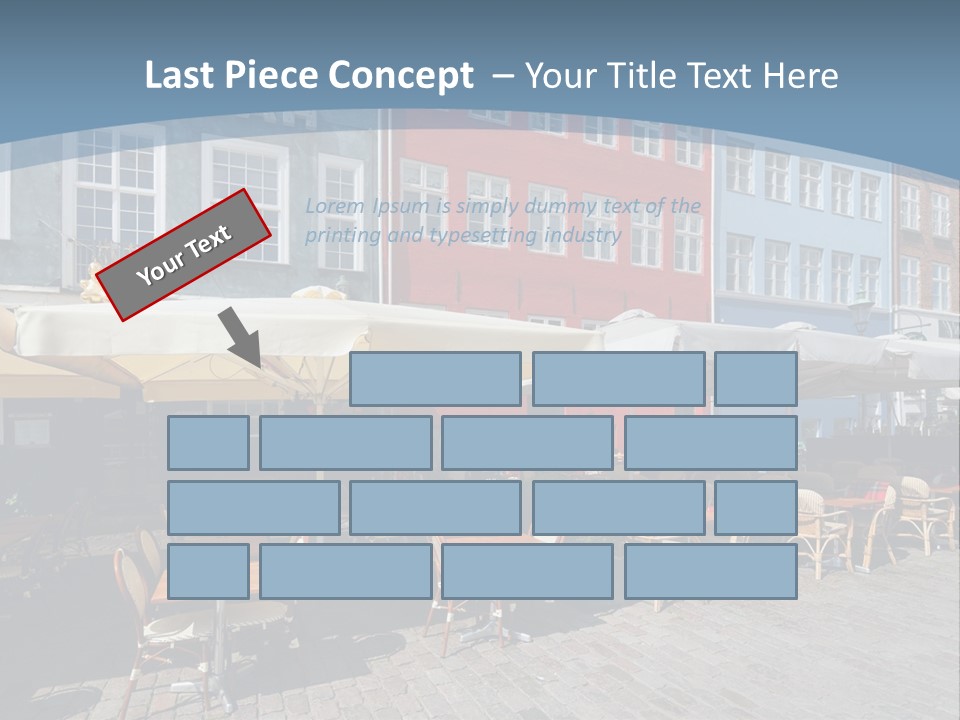 A Row Of Tables And Chairs With Umbrellas Over Them PowerPoint Template