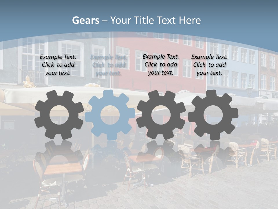 A Row Of Tables And Chairs With Umbrellas Over Them PowerPoint Template