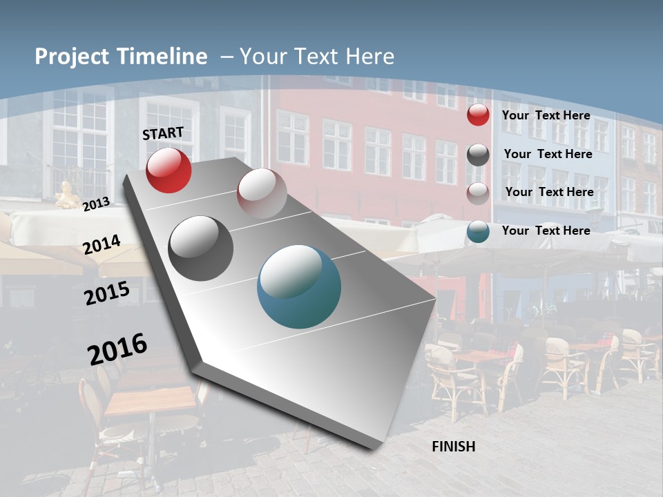 A Row Of Tables And Chairs With Umbrellas Over Them PowerPoint Template