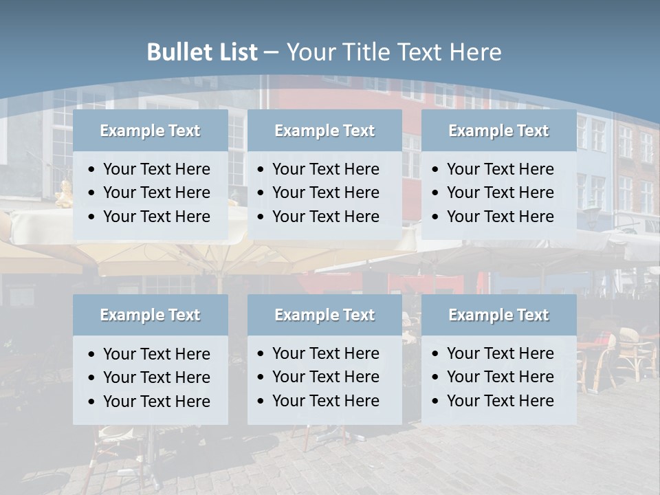 A Row Of Tables And Chairs With Umbrellas Over Them PowerPoint Template