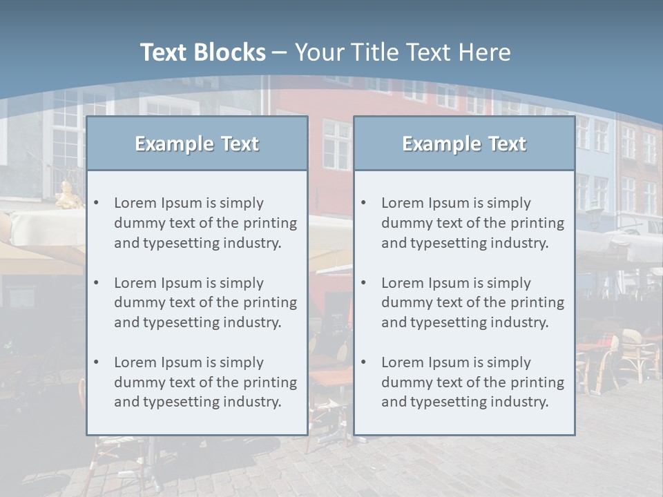 A Row Of Tables And Chairs With Umbrellas Over Them PowerPoint Template