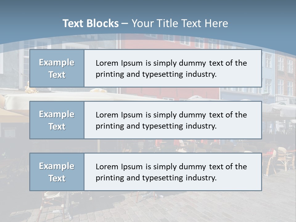 A Row Of Tables And Chairs With Umbrellas Over Them PowerPoint Template
