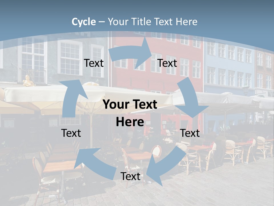 A Row Of Tables And Chairs With Umbrellas Over Them PowerPoint Template